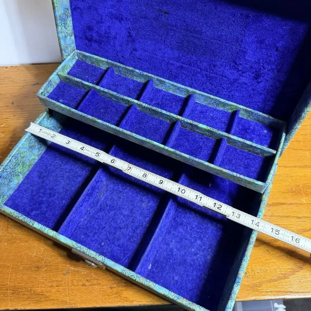 Mid Century Groovy Blue Green Floral Jewelry Box Velvet Lining Dresser Box 14